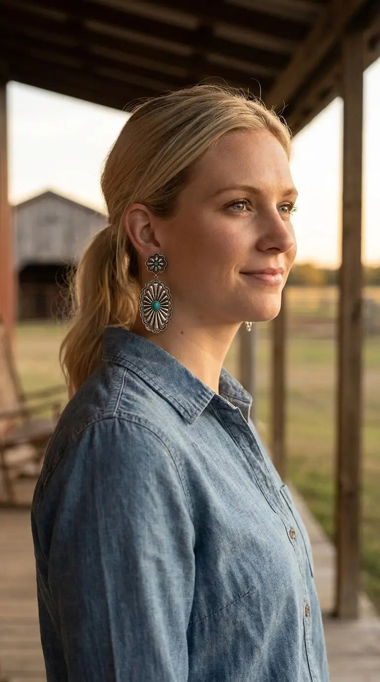 Golden-hour ranch portrait wearing the Cowhide & Conchos double concho earrings — bold western statement, effortlessly worn.
