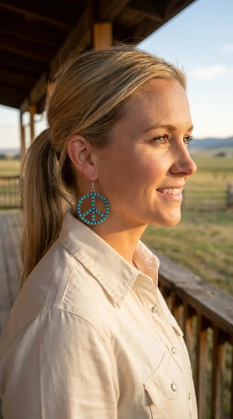 Golden-hour portrait wearing the Cowhide & Conchos turquoise peace sign earrings — free-spirited western style.