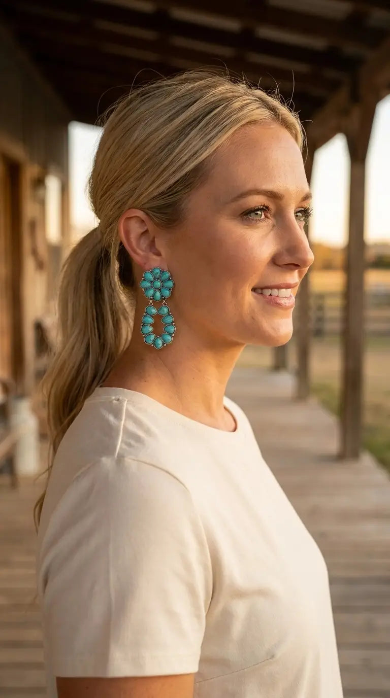 Ranch portrait wearing the Cowhide & Conchos turquoise cluster earrings — bold western statement, naturally worn.