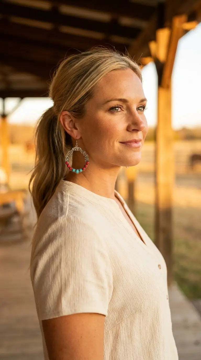 Golden-hour portrait wearing the Cowhide & Conchos turquoise and coral hoop earrings — colorful southwestern style.