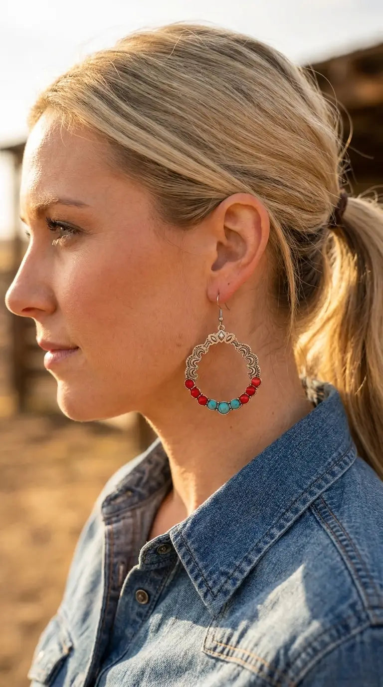 Close-up wearing the Cowhide & Conchos turquoise and coral hoop earrings — coral and turquoise western detail.