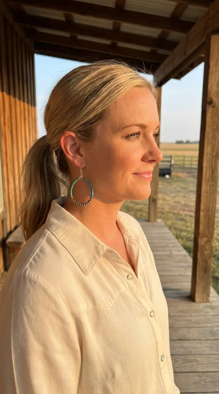 Golden-hour portrait wearing the Cowhide & Conchos pearl and turquoise hoop earrings — easy southwestern elegance.