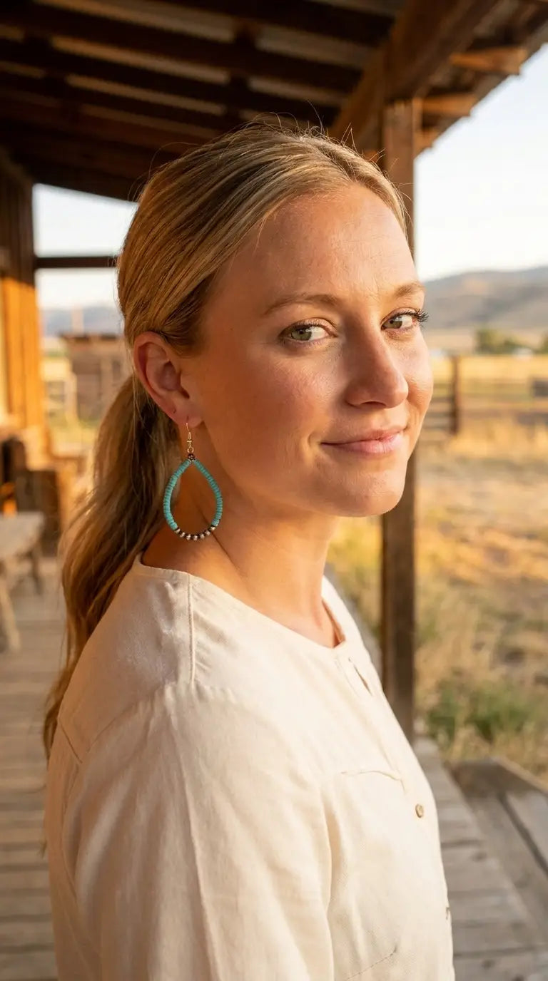 Golden-hour ranch portrait wearing the Cowhide & Conchos turquoise teardrop earrings — easy southwestern color.