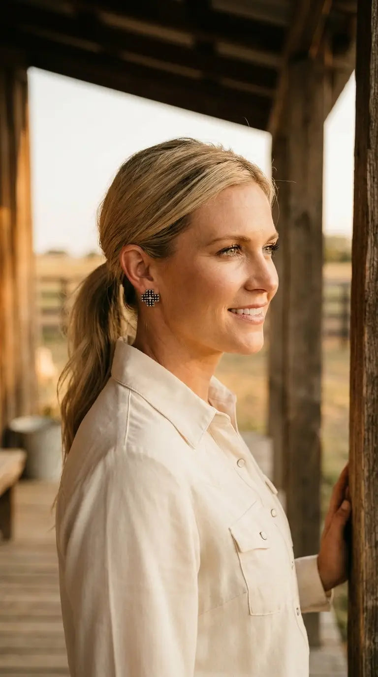 Ranch portrait wearing the Cowhide & Conchos cross stud earrings — antiqued silver faith-and-western style.