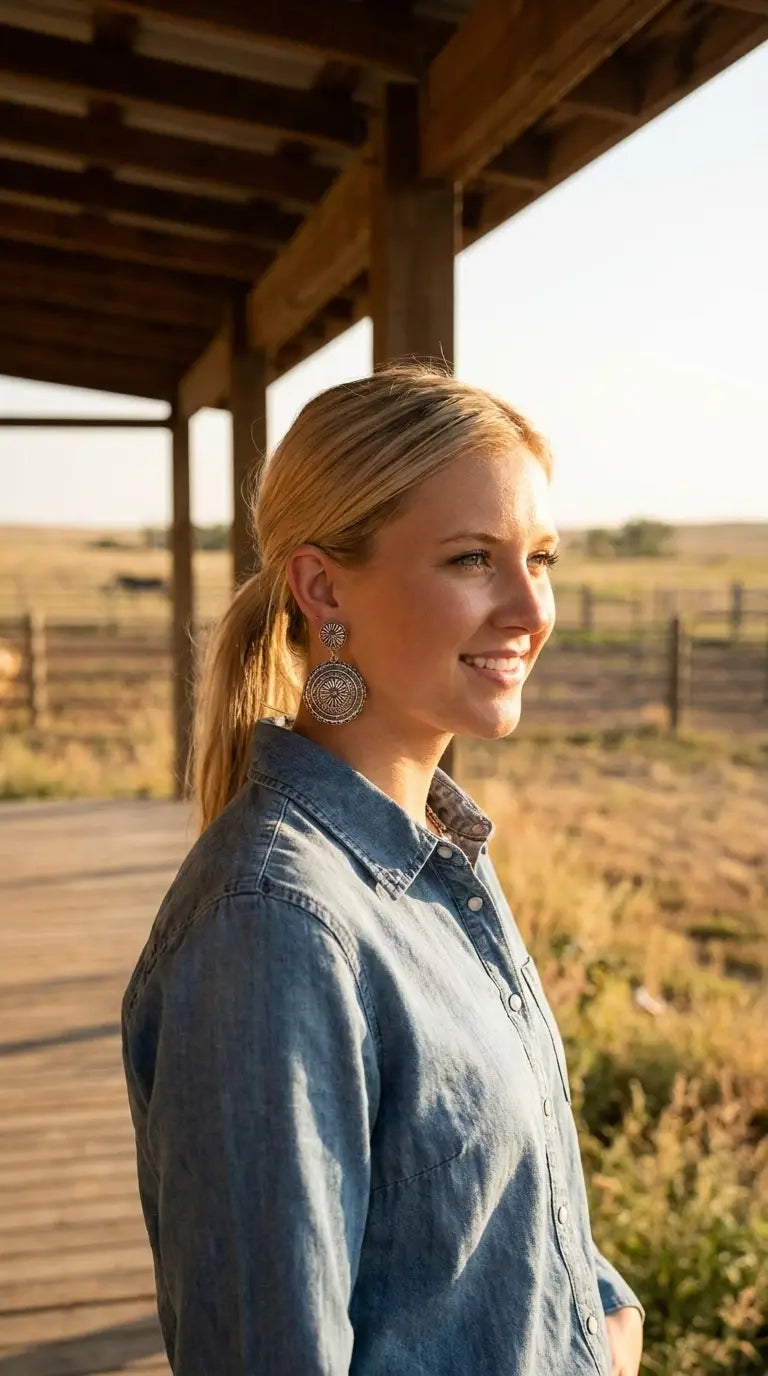 Golden-hour portrait wearing the Cowhide & Conchos concho dangle earrings — turquoise-center western style.
