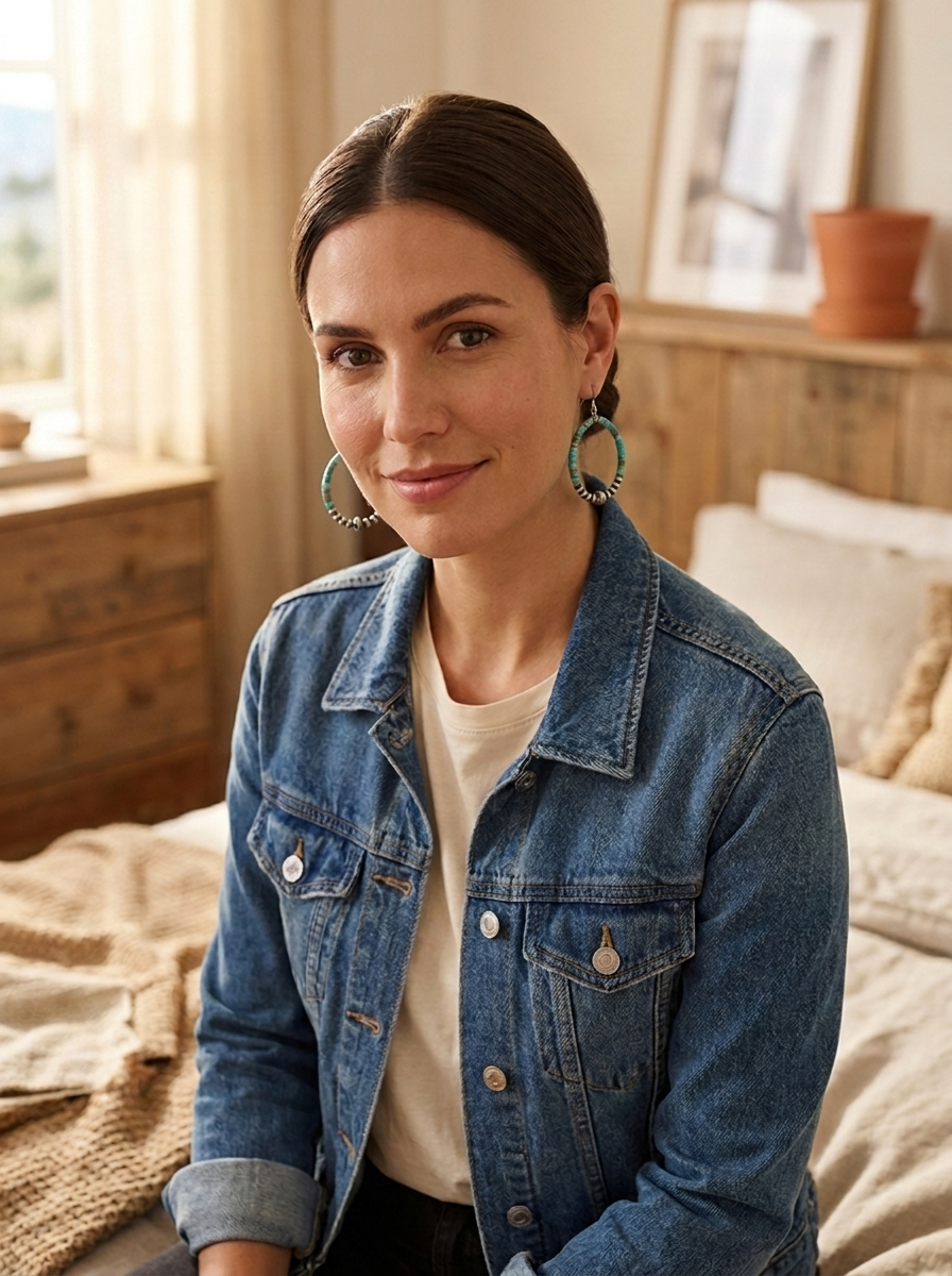 Brunette ranch woman wearing the Cowhide & Conchos variscite turquoise & sterling pearl hoop earrings — southwestern statement.