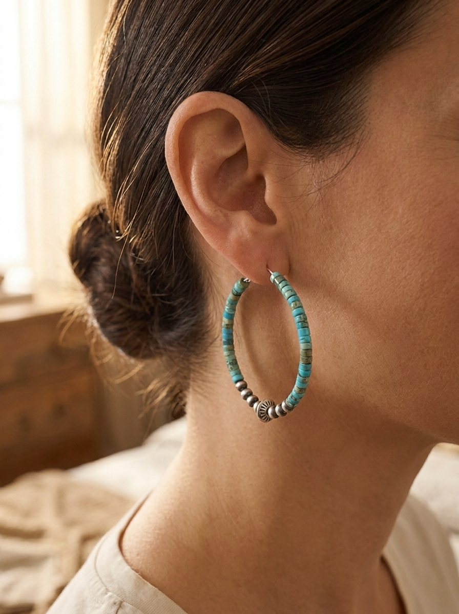 Golden-hour close-up of the Cowhide & Conchos variscite turquoise & sterling pearl hoop earrings — turquoise and pearl detail.