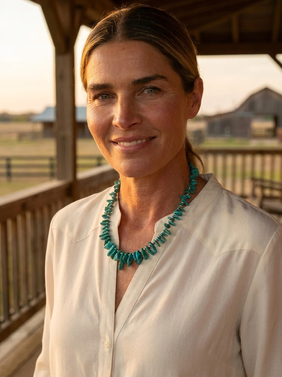Ranch woman on a sunlit porch wearing the Cowhide & Conchos 3mm sterling pearl & American turquoise necklace — one-of-a-kind southwestern piece.