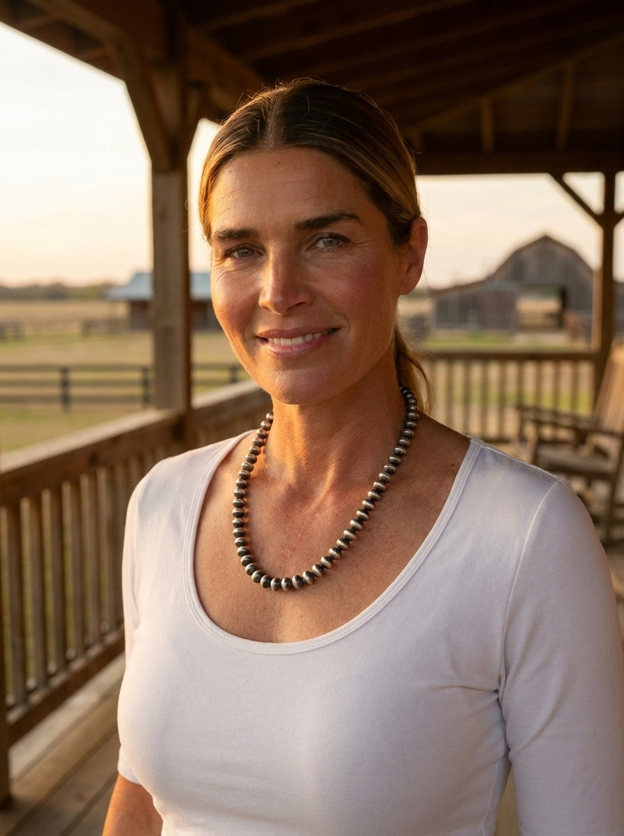 Blonde ranch model on a golden-hour porch wearing the Cowhide & Conchos Bryannen Halwood Navajo Pearl Necklace — handcrafted heirloom Western style made effortless.