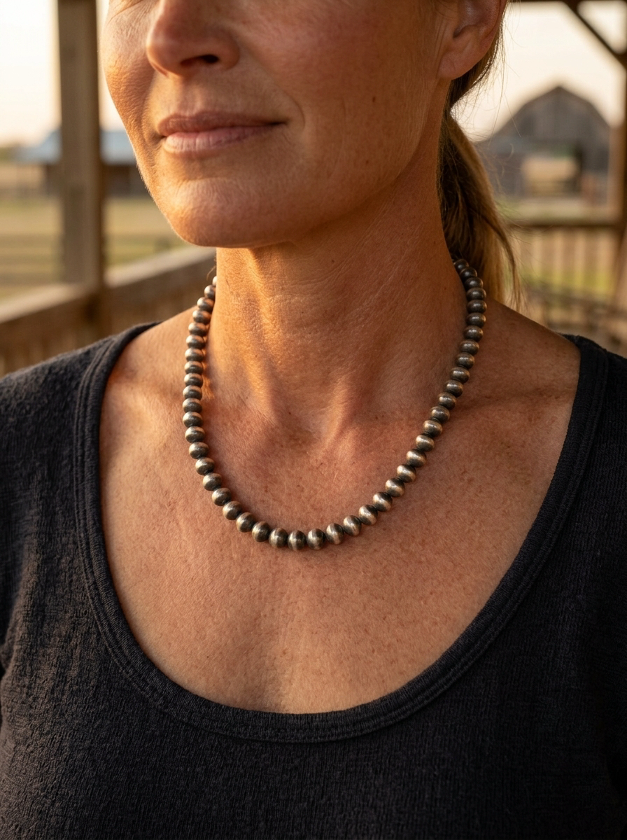 Close-up of the Cowhide & Conchos Bryannen Halwood Navajo Pearl Necklace at the collarbone — authentic Navajo sterling silver, everyday elegance.