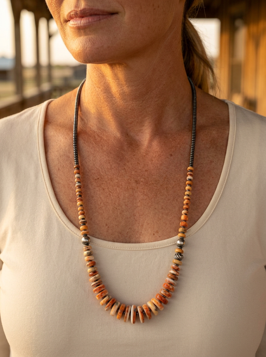 Close-up of the Cowhide & Conchos Orange & Turquoise Graduated Necklace draping low — vibrant spiny oyster and turquoise statement.