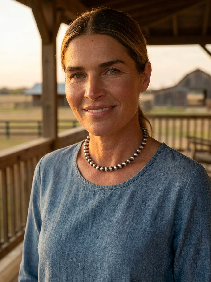 Blonde ranch model on a golden-hour porch wearing the Cowhide & Conchos 8mm Sterling Pearl Necklace 14-inch — the versatile choker-length classic.