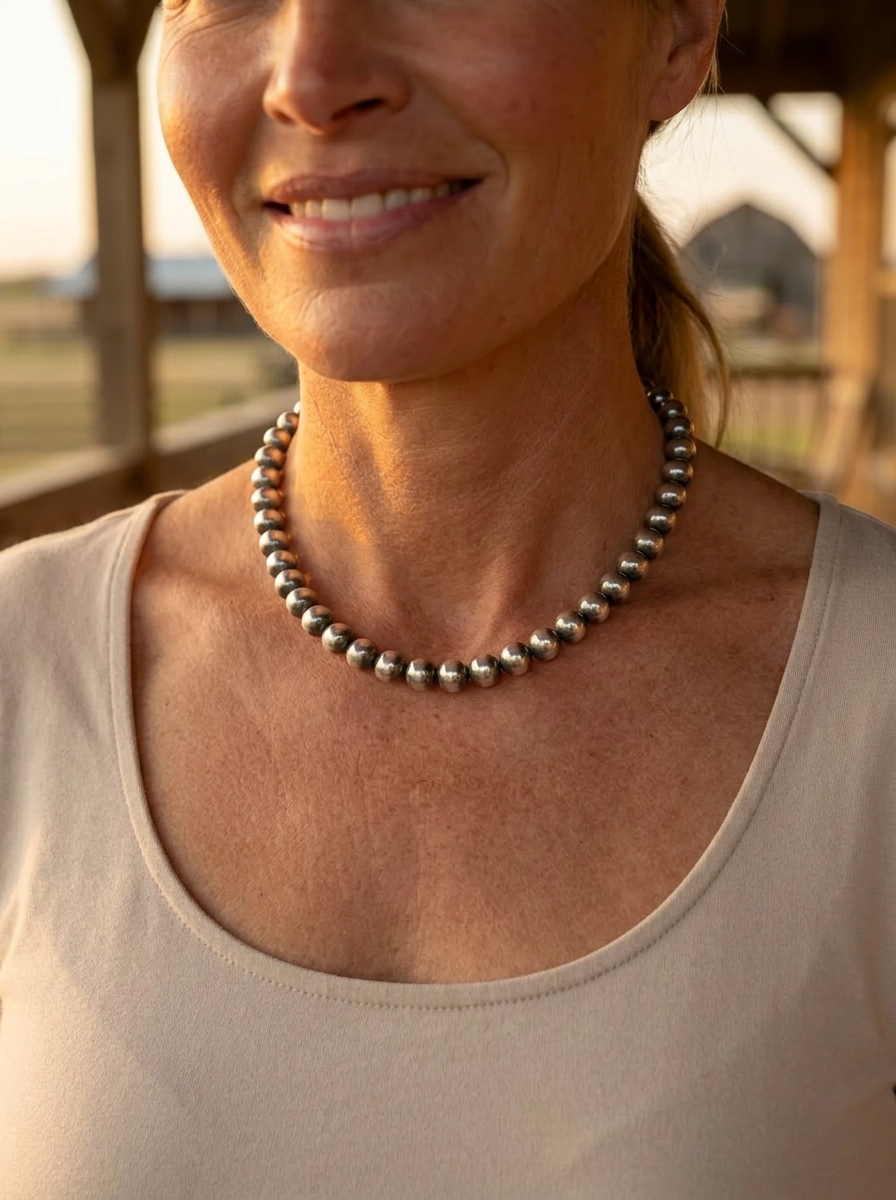 Close-up of the Cowhide & Conchos 8mm Sterling Pearl Necklace at the collarbone — uniform sterling pearls, casual elegance.