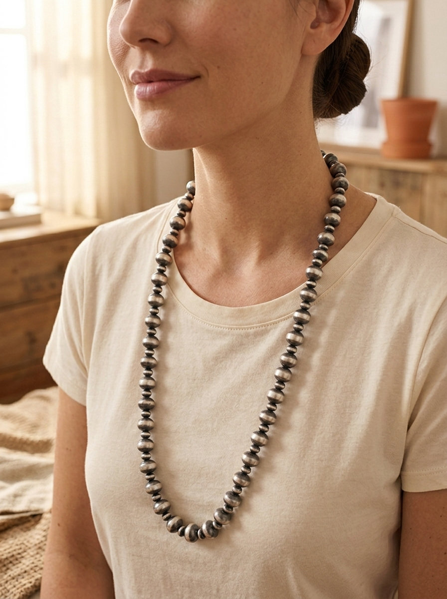Close-up of the Cowhide & Conchos Saucer Sterling Pearl Statement Necklace — lustrous saucer-shaped pearls, premium Western statement.
