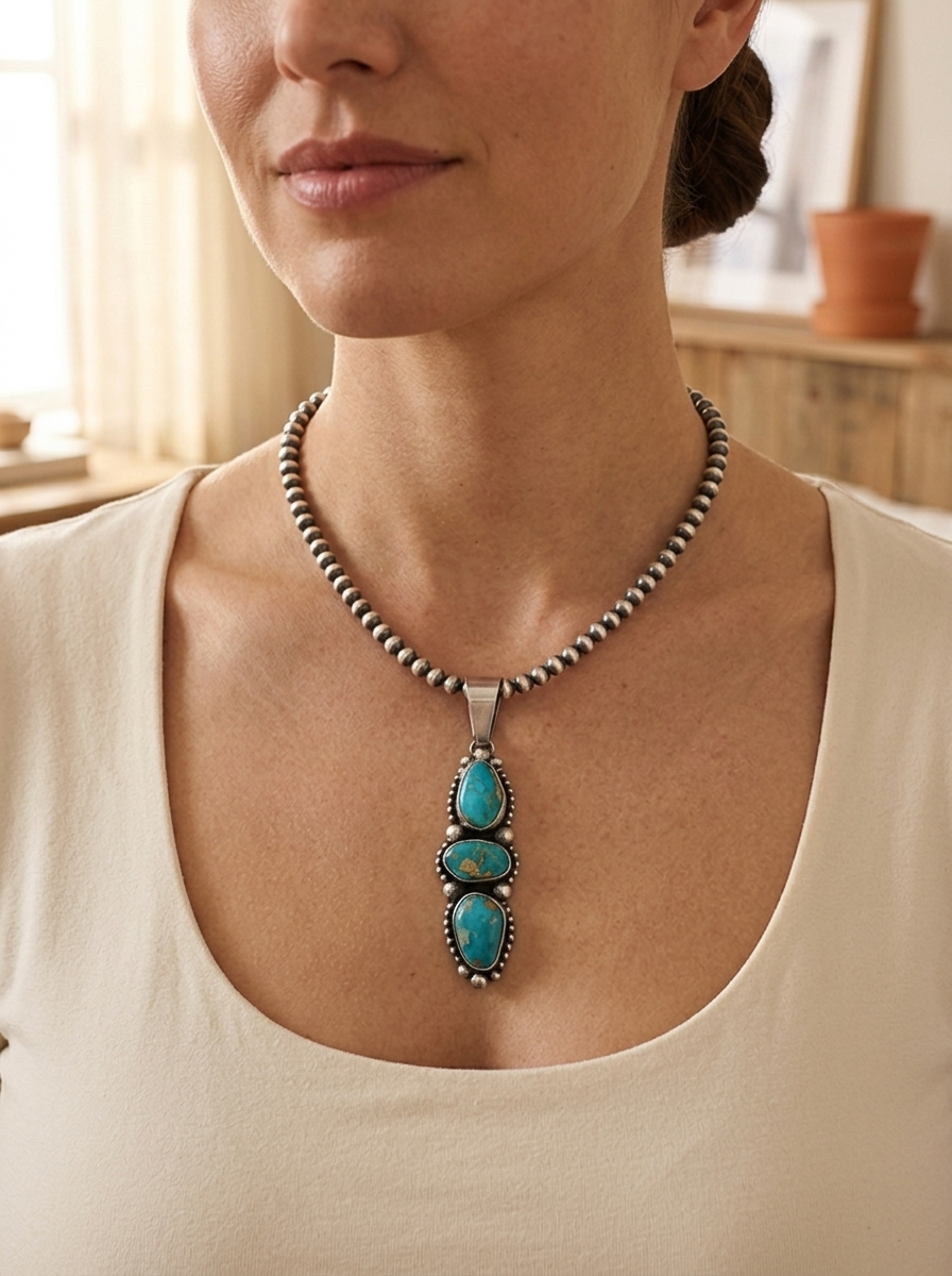 Close-up of the Cowhide & Conchos Darrin Livingston Royston Turquoise Pendant on a sterling pearl necklace — natural blue-green Royston turquoise and handcrafted silver, heirloom detail.