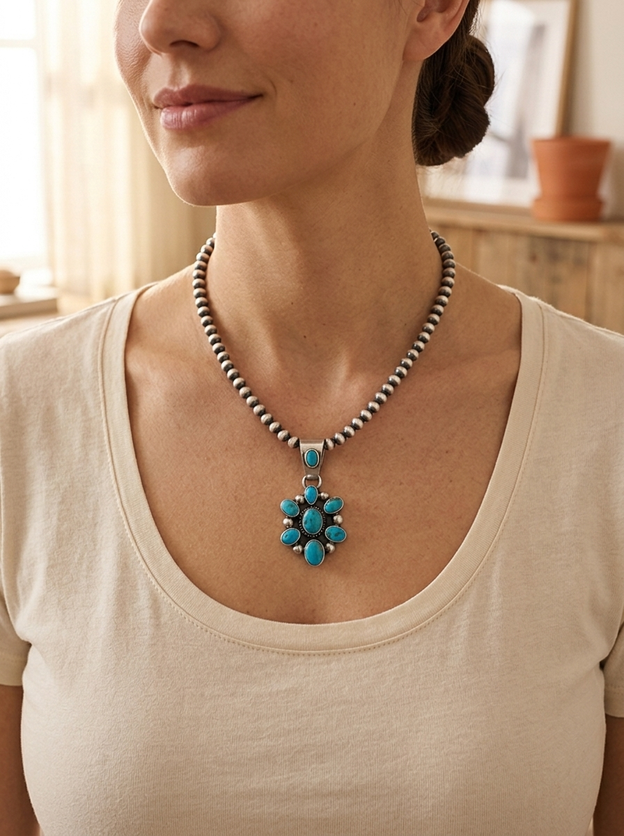 Close-up of the Cowhide & Conchos Kathleen Livingston Sonoran Turquoise Pendant on a sterling pearl necklace — vivid Sonoran turquoise in tall narrow silverwork, heirloom detail.
