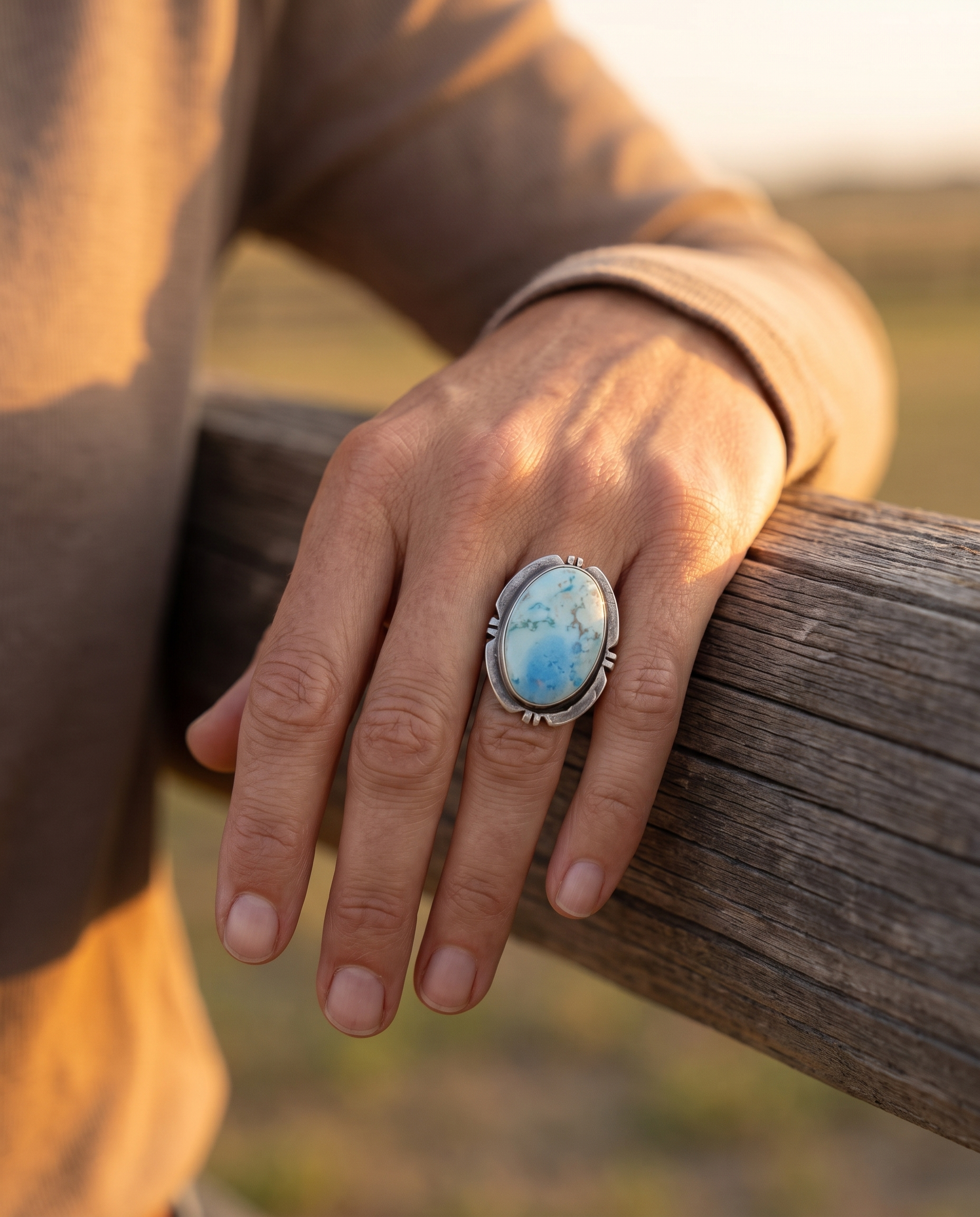 A hand resting on a ranch fence rail wearing the Cowhide & Conchos Randy Billy Navajo Golden Hills turquoise ring — heirloom western style.