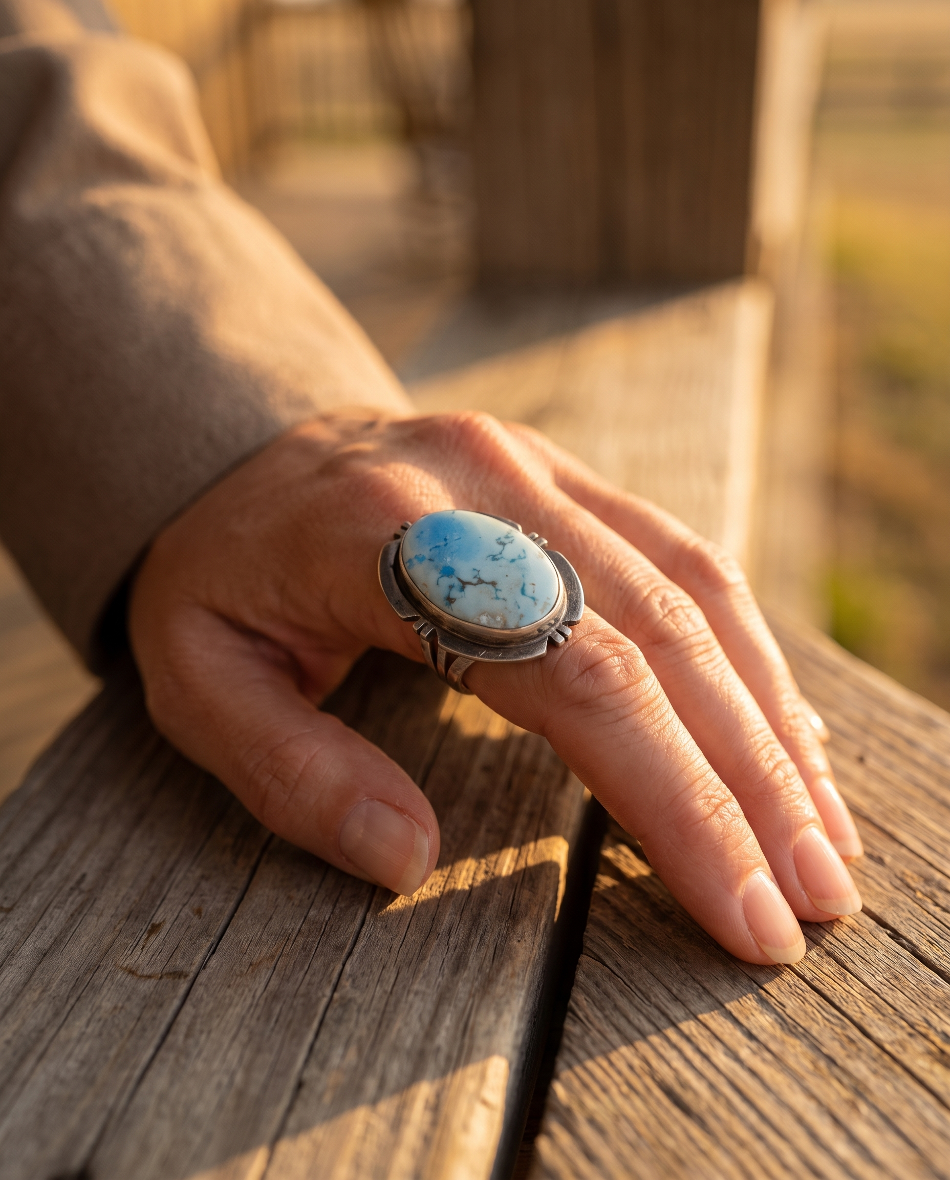 Close-up of the Cowhide & Conchos Randy Billy Navajo sterling silver ring with Golden Hills turquoise — artisan craftsmanship up close.