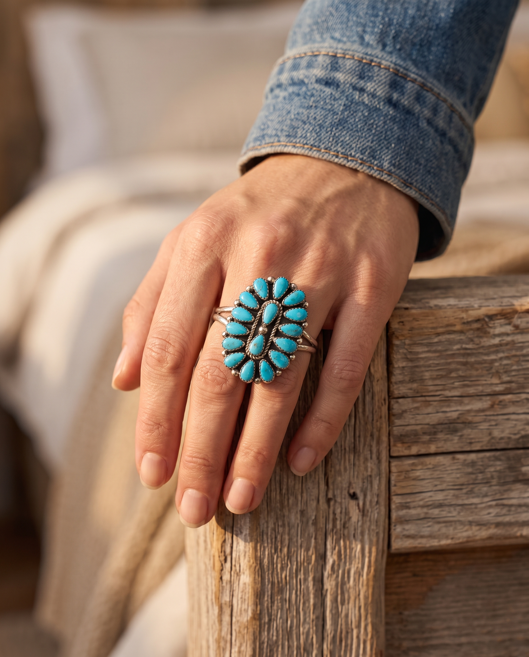 Close-up of the Cowhide & Conchos Eunise Wilson Navajo sterling silver turquoise ring — hallmark artisan craftsmanship up close.
