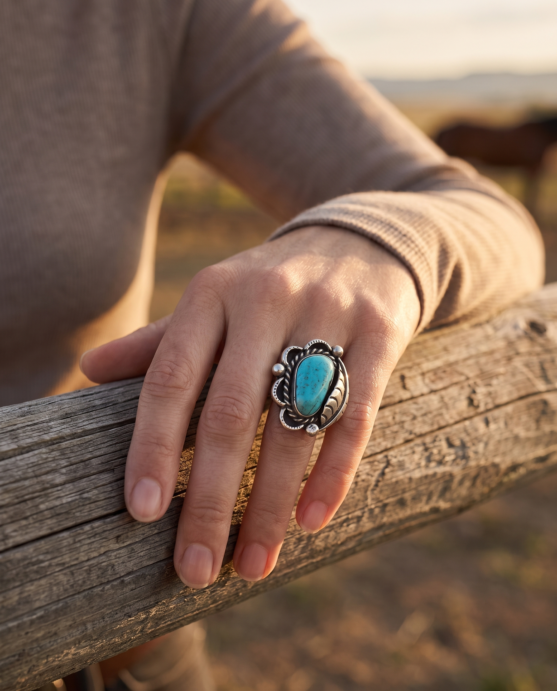 A hand on a ranch fence rail wearing the Cowhide & Conchos hand-stamped turquoise cabochon ring with leaf detail — authentic western style.