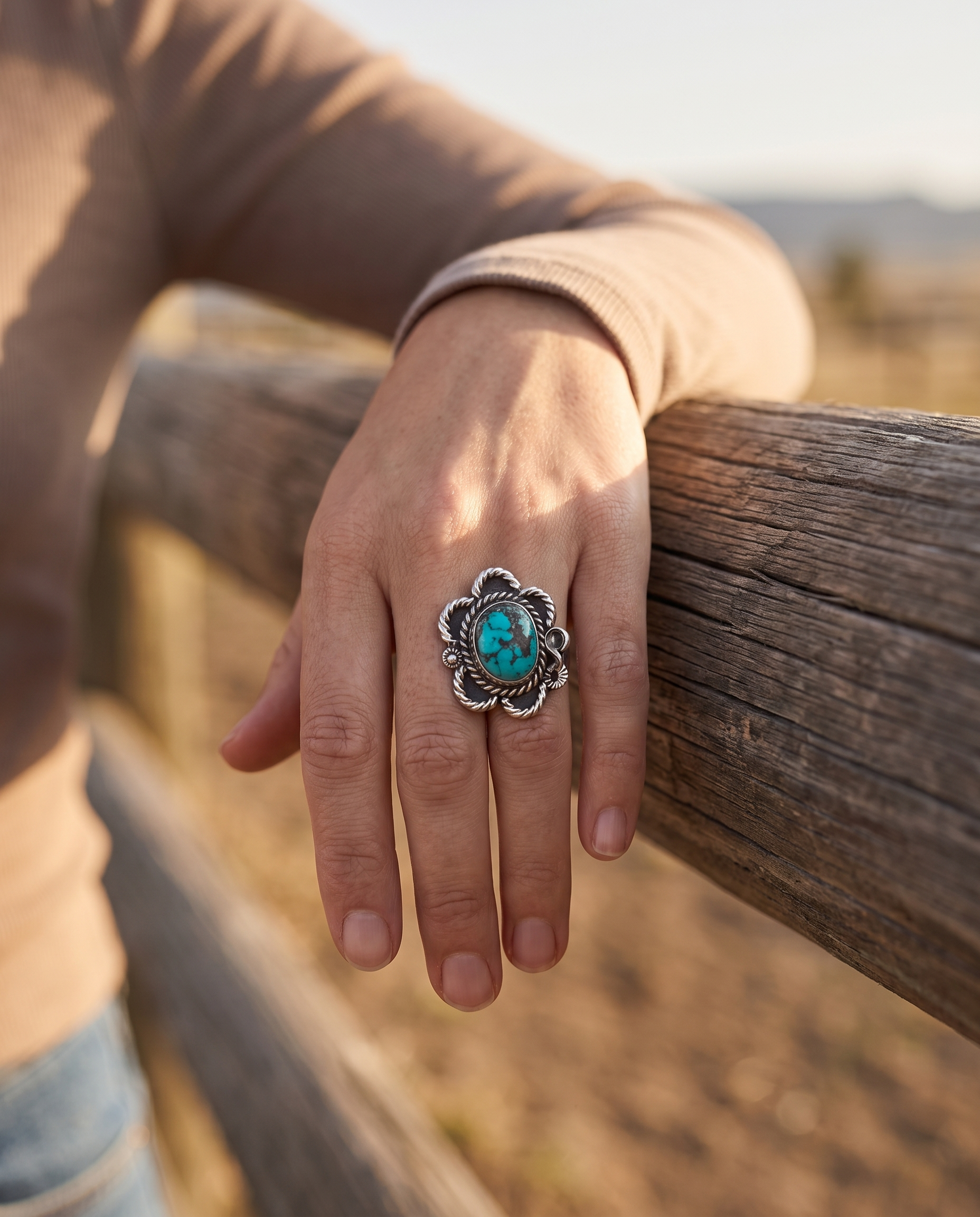 A hand on a ranch fence rail wearing the Cowhide & Conchos turquoise cabochon flower-base ring — feminine western style.