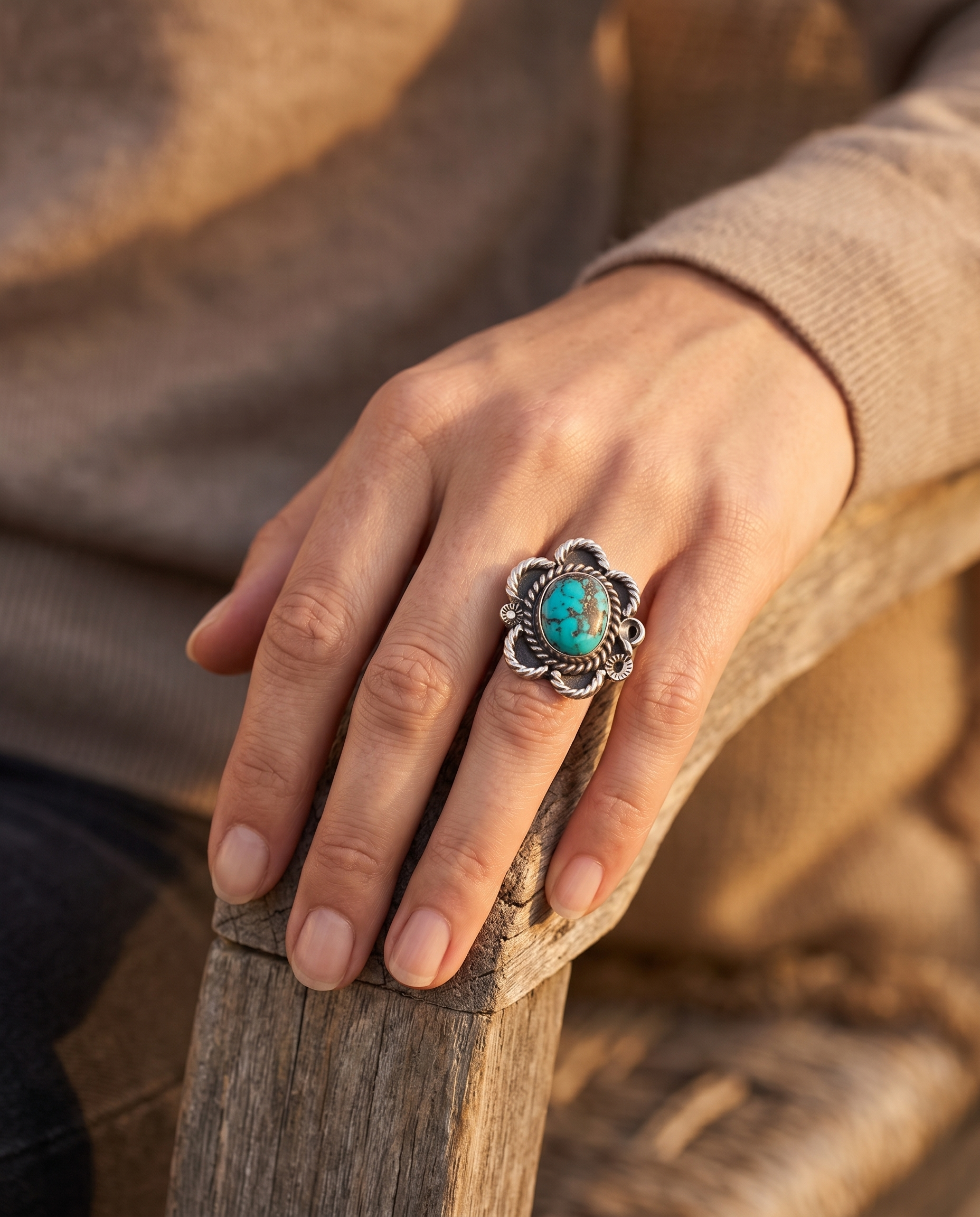 Close-up of the Cowhide & Conchos turquoise cabochon sterling silver flower-base ring — up close.