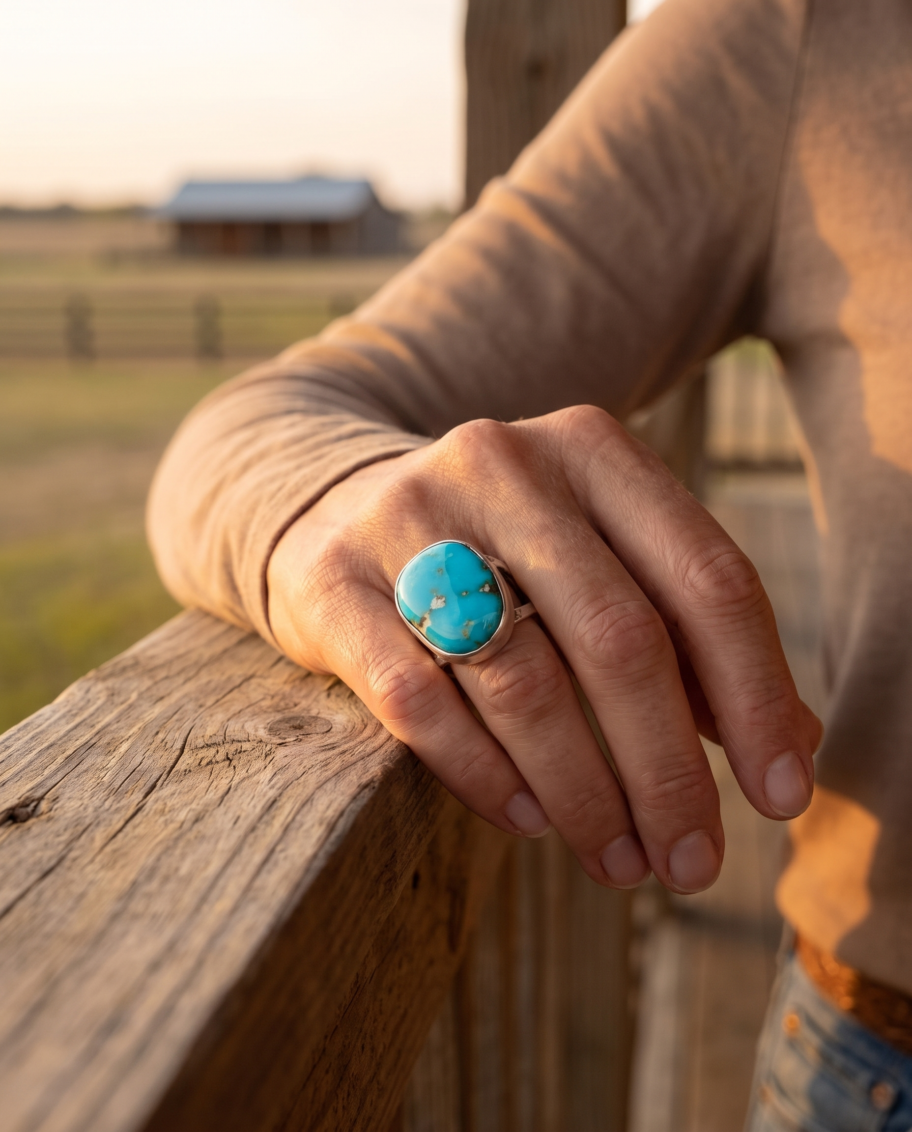 A hand on a ranch fence rail wearing the Cowhide & Conchos turquoise cabochon split-band statement ring — bold western style.