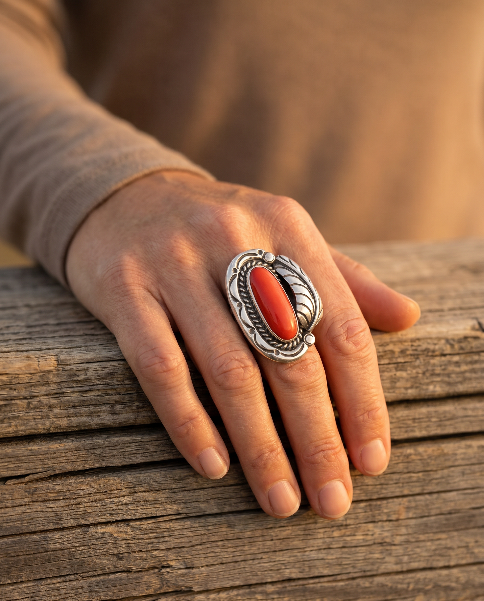 Close-up of the Cowhide & Conchos Hallmark LJ sterling silver coral ring with leaf detail — vintage western craftsmanship up close.