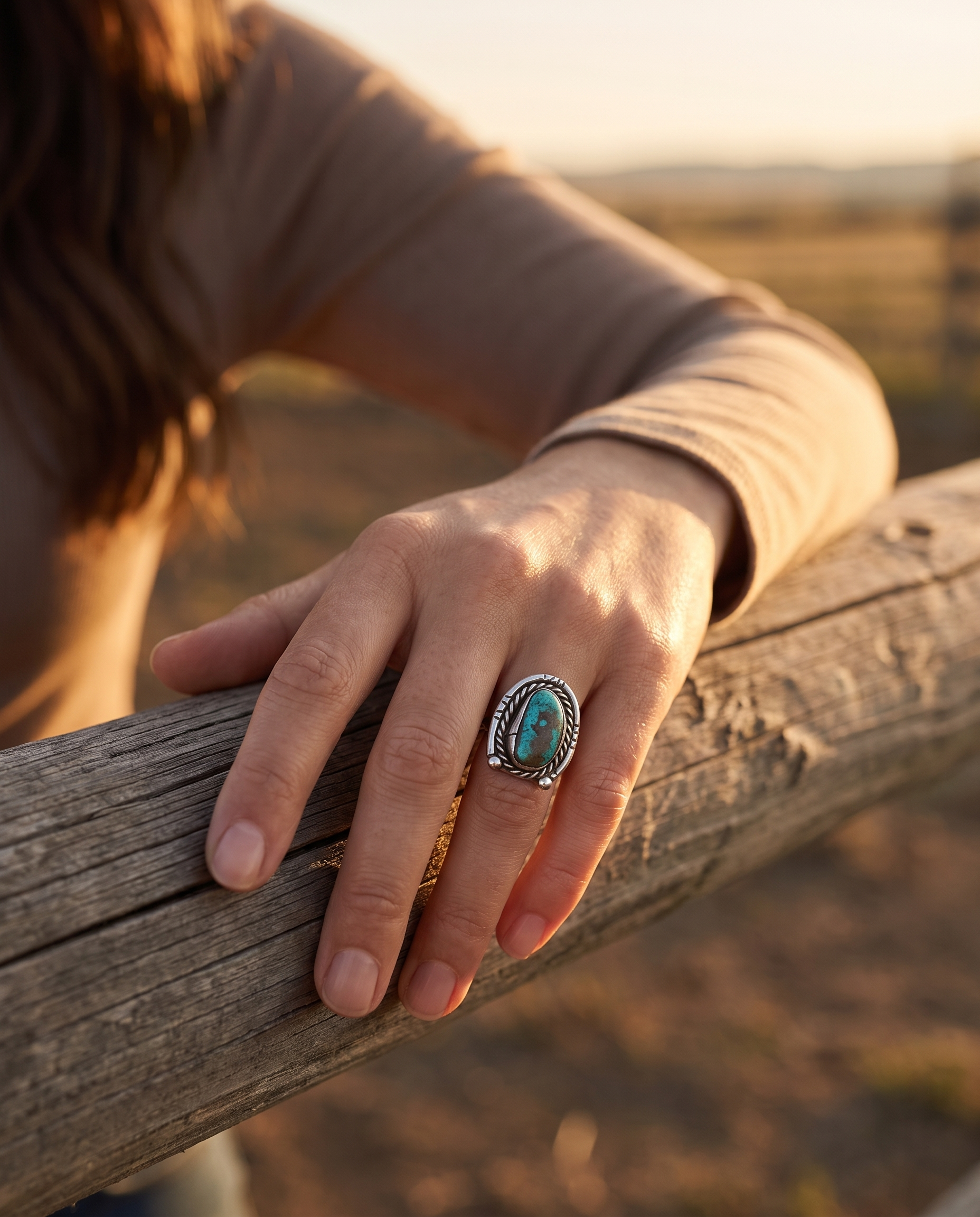 A hand on a ranch fence rail wearing the Cowhide & Conchos turquoise horseshoe-shape ring — lucky western charm.