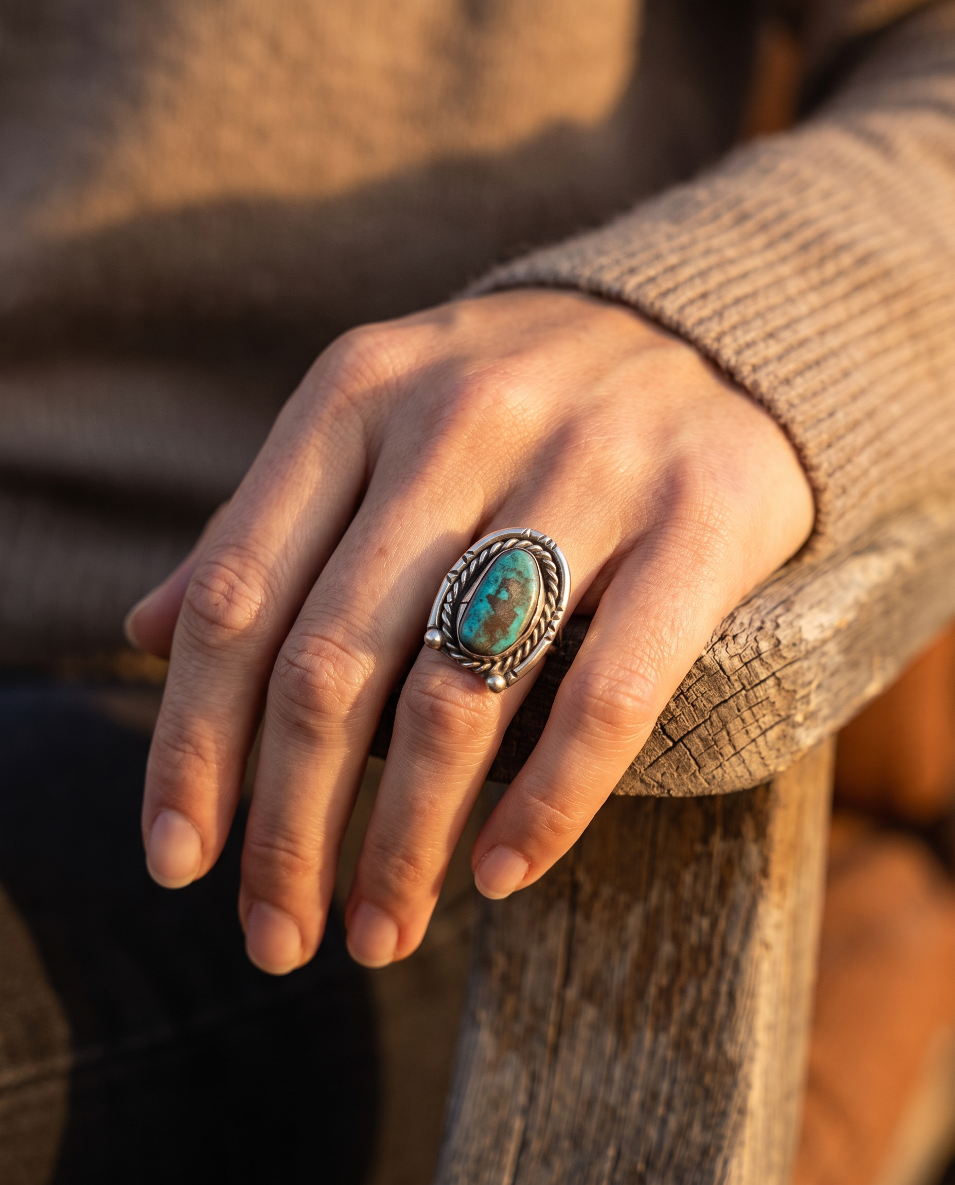 Close-up of the Cowhide & Conchos turquoise and sterling silver horseshoe-shape ring — up close.