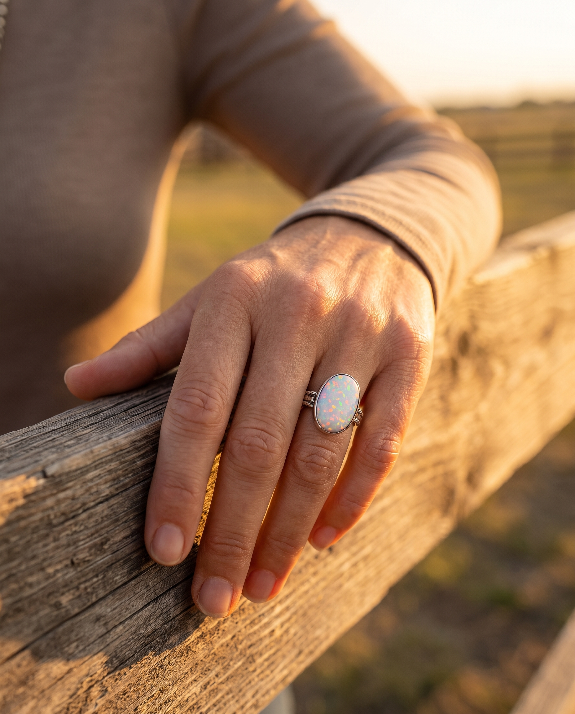 A hand on a ranch fence rail wearing the Cowhide & Conchos Isabelle Yazzie Navajo opal statement ring — iridescent western elegance.
