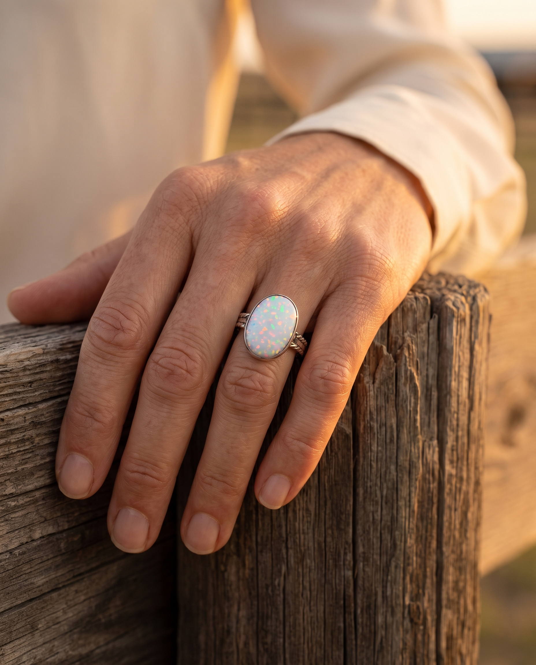 Close-up of the Cowhide & Conchos Isabelle Yazzie Navajo sterling silver opal statement ring — up close.