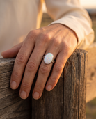 Close-up of the Cowhide & Conchos Isabelle Yazzie Navajo sterling silver opal statement ring — up close.