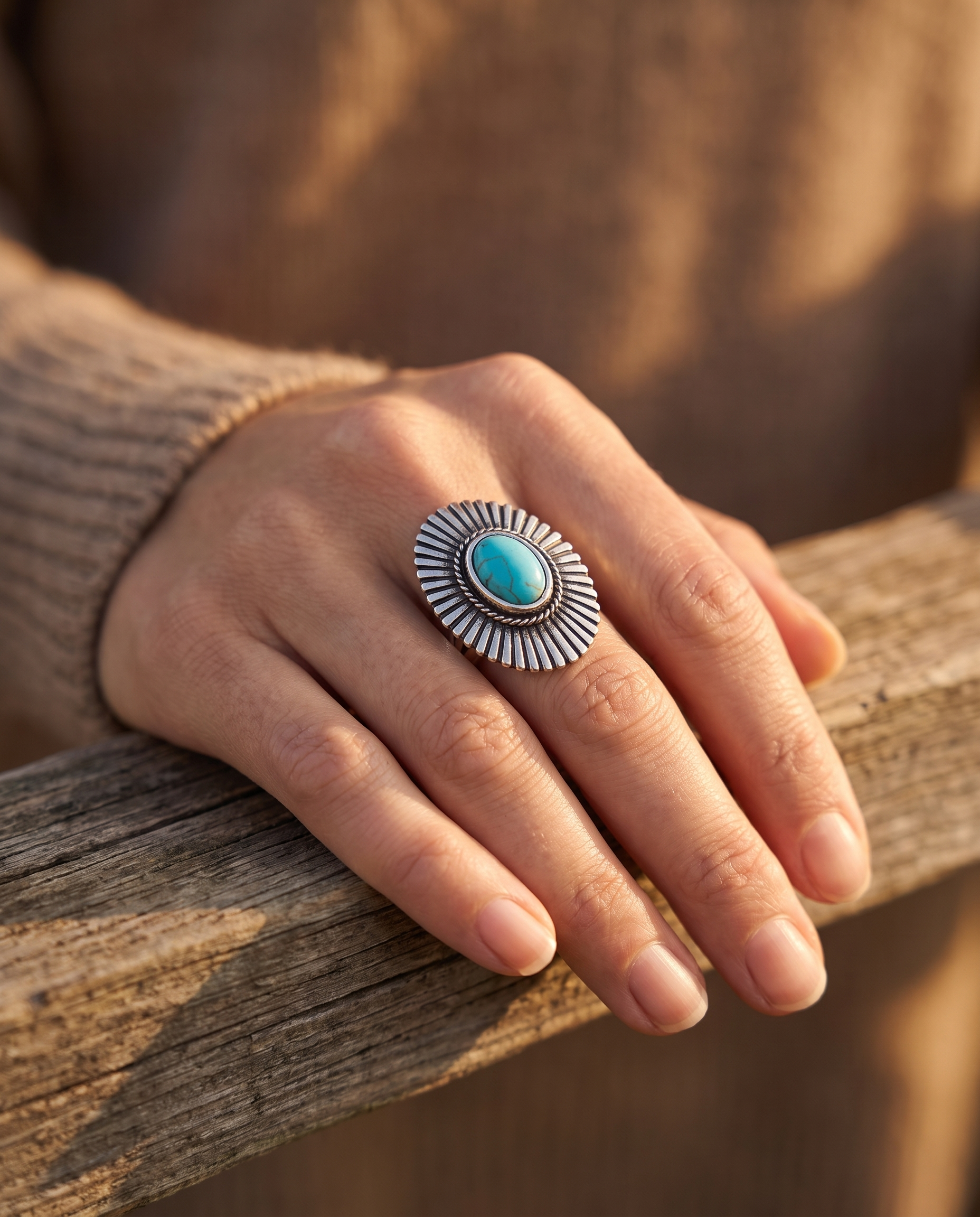 Close-up of the Cowhide & Conchos Western concho and faux-turquoise adjustable statement ring — up close.