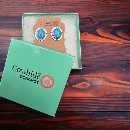 High Blue Kingman Stud Earrings - Cowhide and Conchos