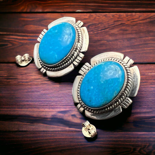High Blue Kingman Stud Earrings - Cowhide and Conchos