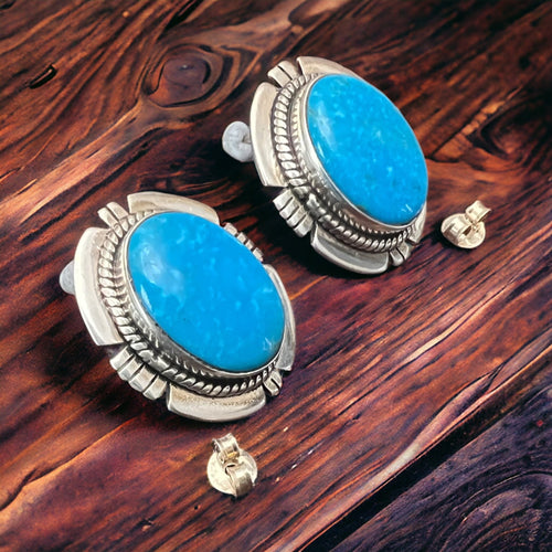 High Blue Kingman Stud Earrings - Cowhide and Conchos