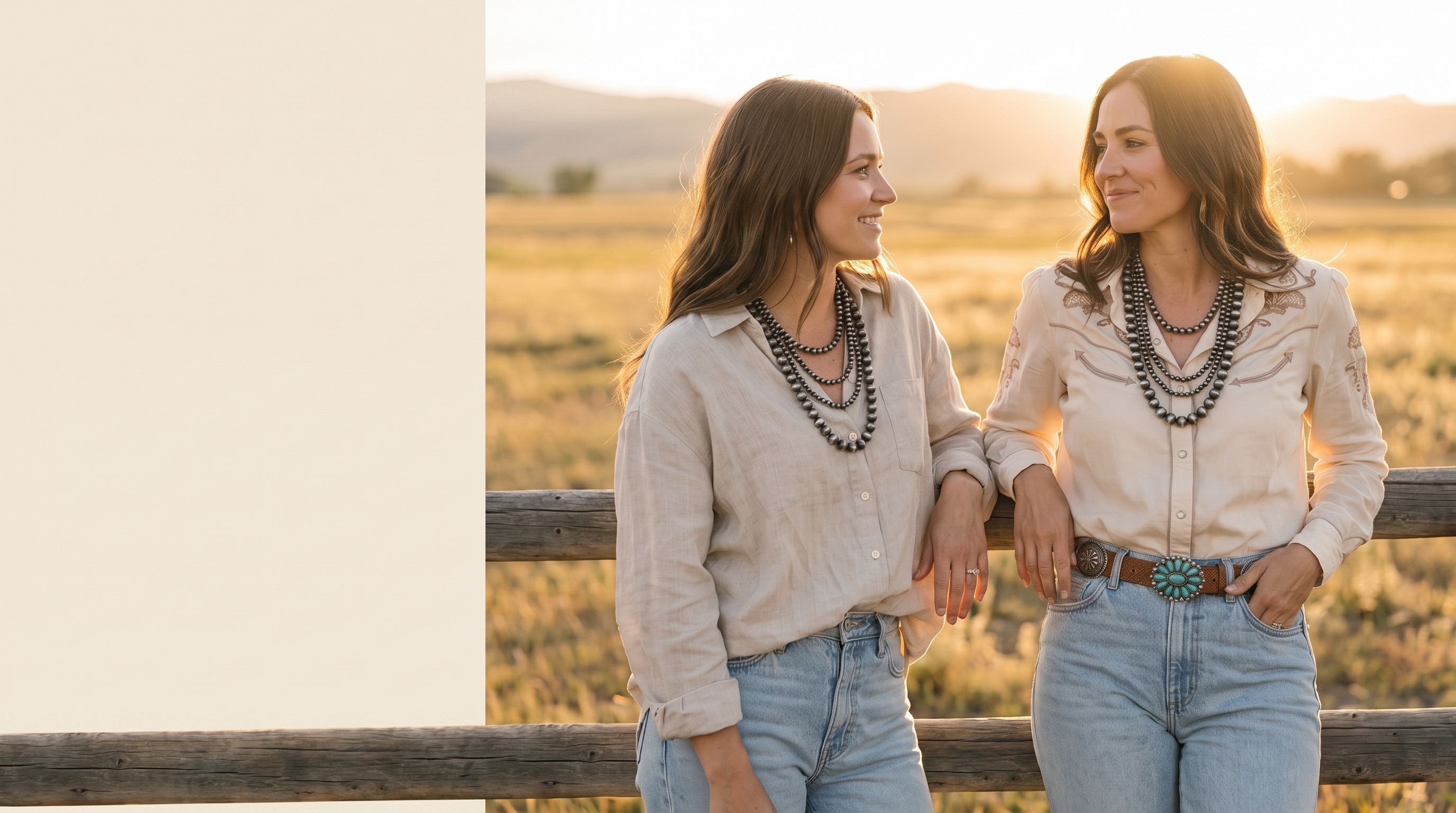 Two women at a weathered ranch fence at golden hour, wearing cream and oatmeal western blouses with light denim, layered burnished silver bead necklaces and a distressed leather concho belt
