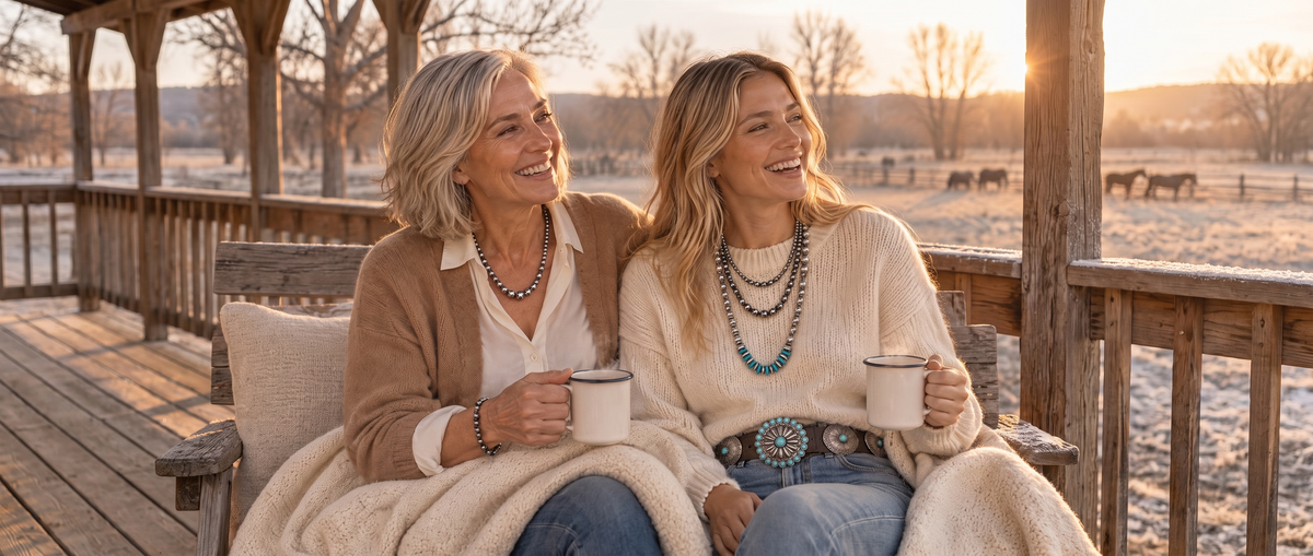 Mother and grown daughter laughing on a ranch porch at golden hour, wearing layered silver and turquoise jewelry