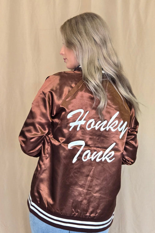 Honky Tonks & Broncs Satin Bomber Jacket - Cowhide and Conchos