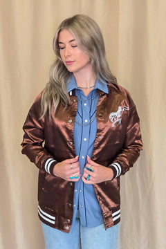 Honky Tonks & Broncs Satin Bomber Jacket - Cowhide and Conchos