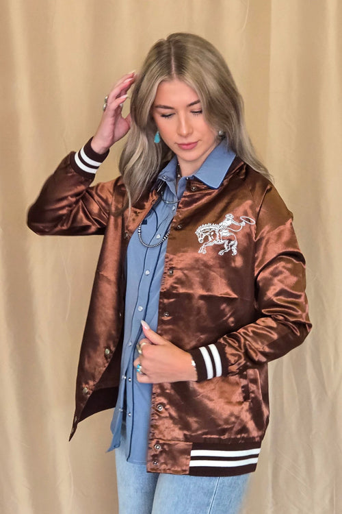 Honky Tonks & Broncs Satin Bomber Jacket - Cowhide and Conchos