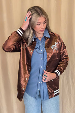 Honky Tonks & Broncs Satin Bomber Jacket - Cowhide and Conchos