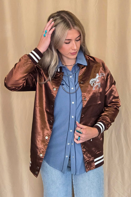Honky Tonks & Broncs Satin Bomber Jacket - Cowhide and Conchos