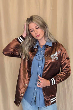 Honky Tonks & Broncs Satin Bomber Jacket - Cowhide and Conchos