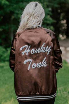 Honky Tonks & Broncs Satin Bomber Jacket - Cowhide and Conchos