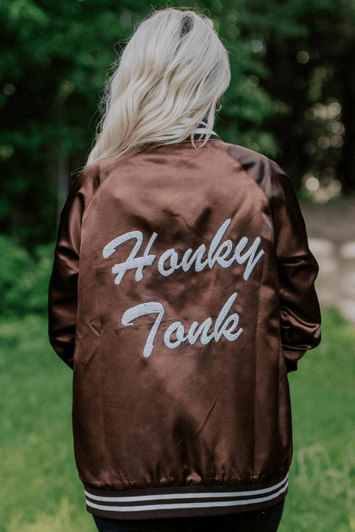 Honky Tonks & Broncs Satin Bomber Jacket - Cowhide and Conchos
