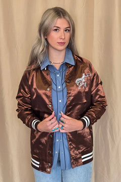 Honky Tonks & Broncs Satin Bomber Jacket - Cowhide and Conchos