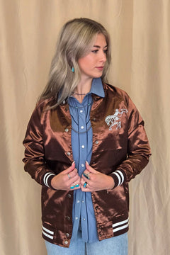 Honky Tonks & Broncs Satin Bomber Jacket - Cowhide and Conchos