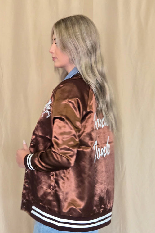 Honky Tonks & Broncs Satin Bomber Jacket - Cowhide and Conchos